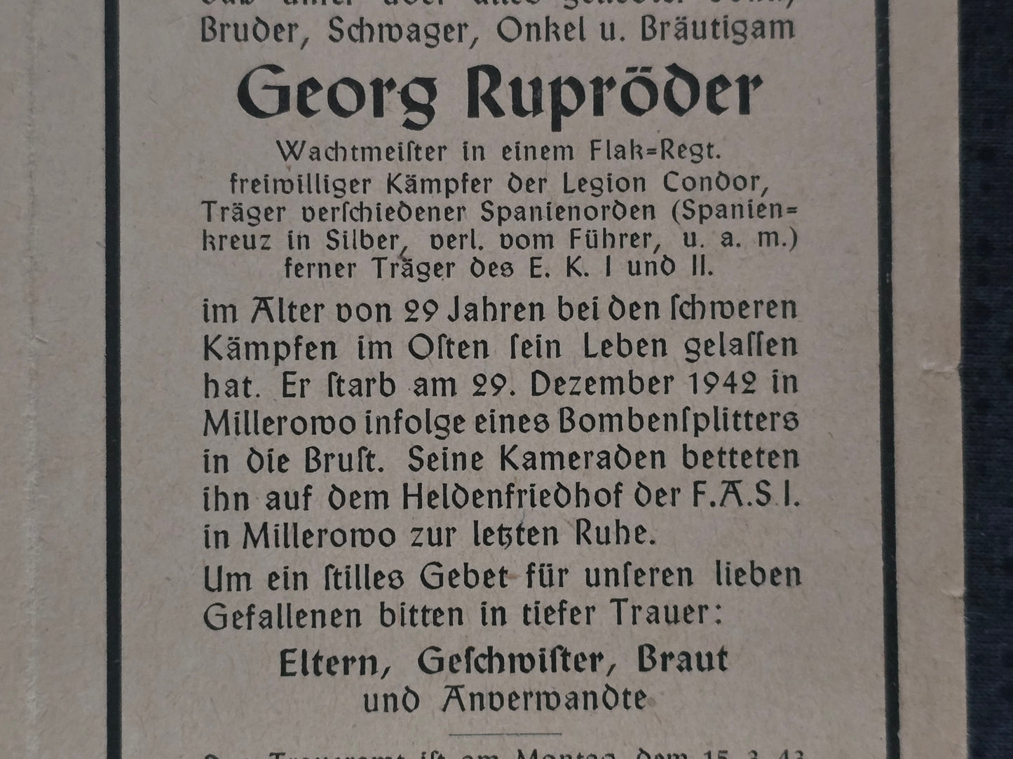 Sterbebild Wachtmeister Kamp 3. Flak Lehr-Abt. Freiwilliger Legion Condor Spanienkreuz "Verliehen vom Führer" Millerowo Russland