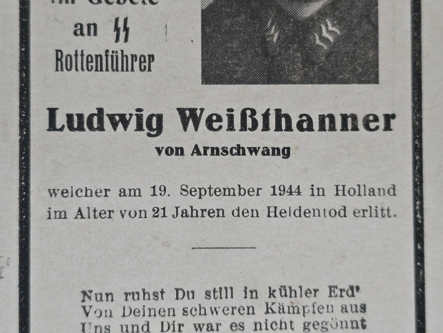 Sterbebild SS-Rottenführer Arnschwang 2. Leichte Flak. Ersatz Abt. 931 Ede Gelderland Holland