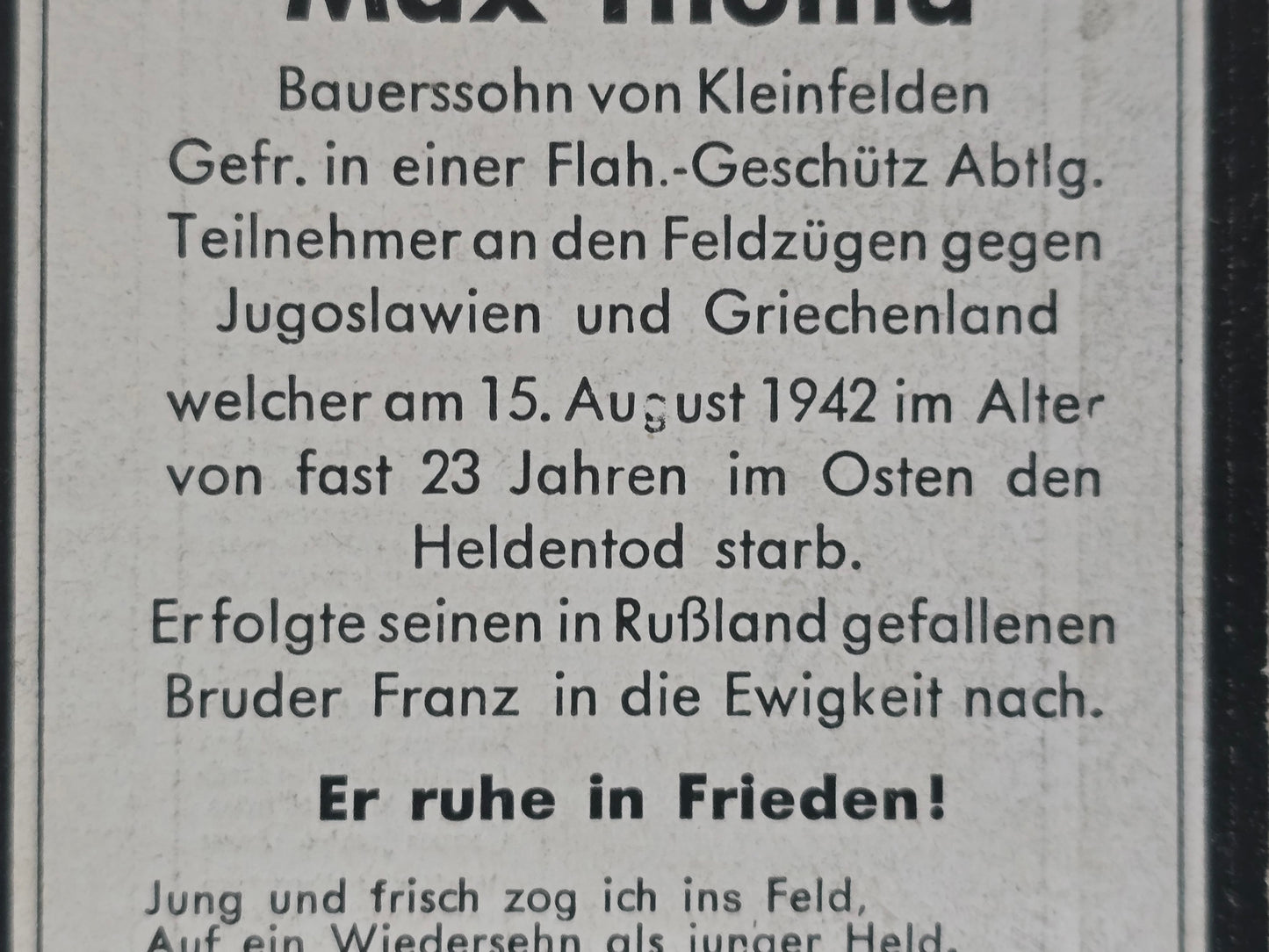 Sterbebild Gefreiter Kleinfelden 2. Komp. Flak Btl. 47 Barsuki Russland