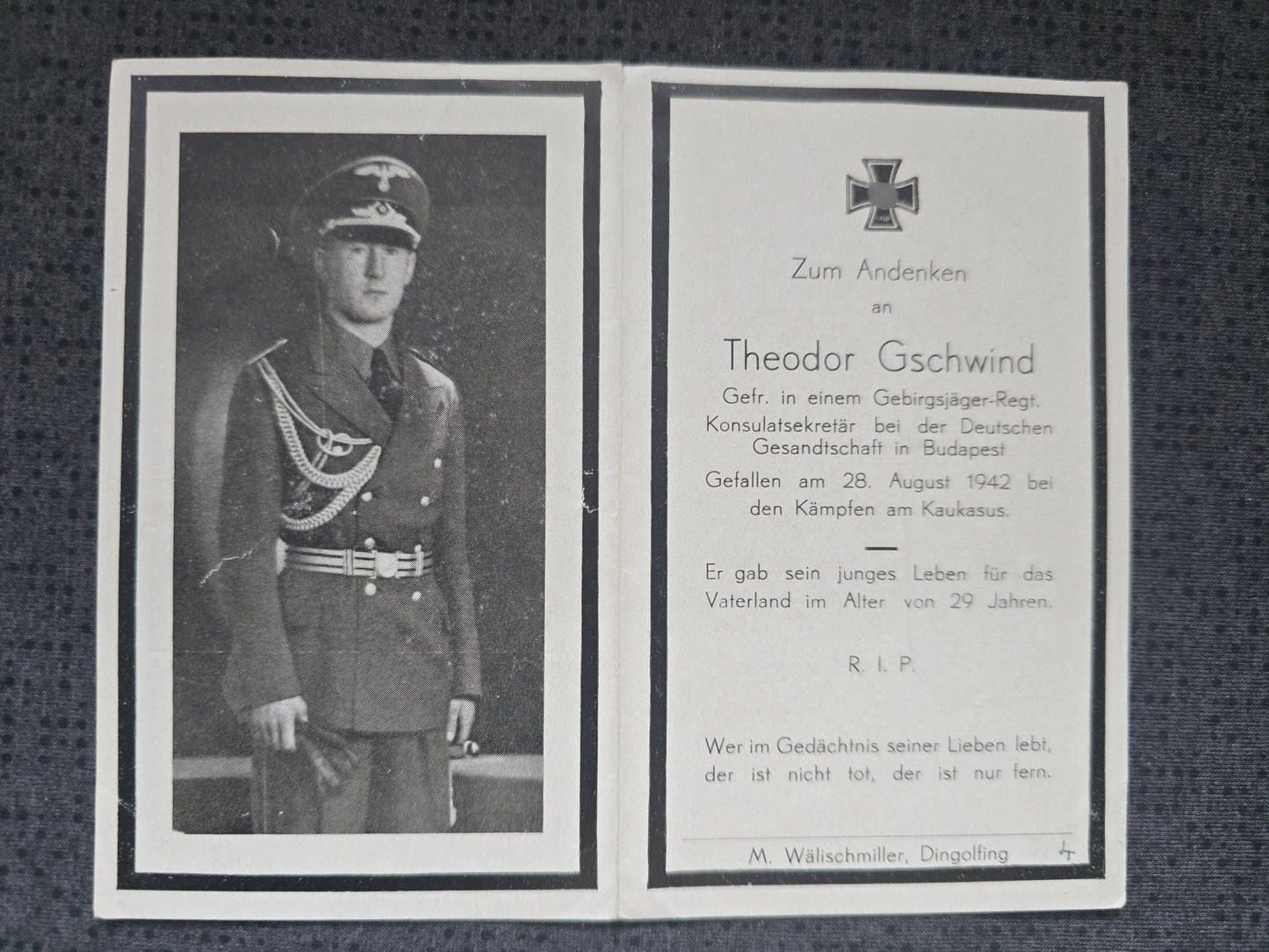 Sterbebild Gefreiter Dingolfing Diplomat Konsulatsekretär Budapest 1. Komp. Inf. Regt. 339 Kaukasus