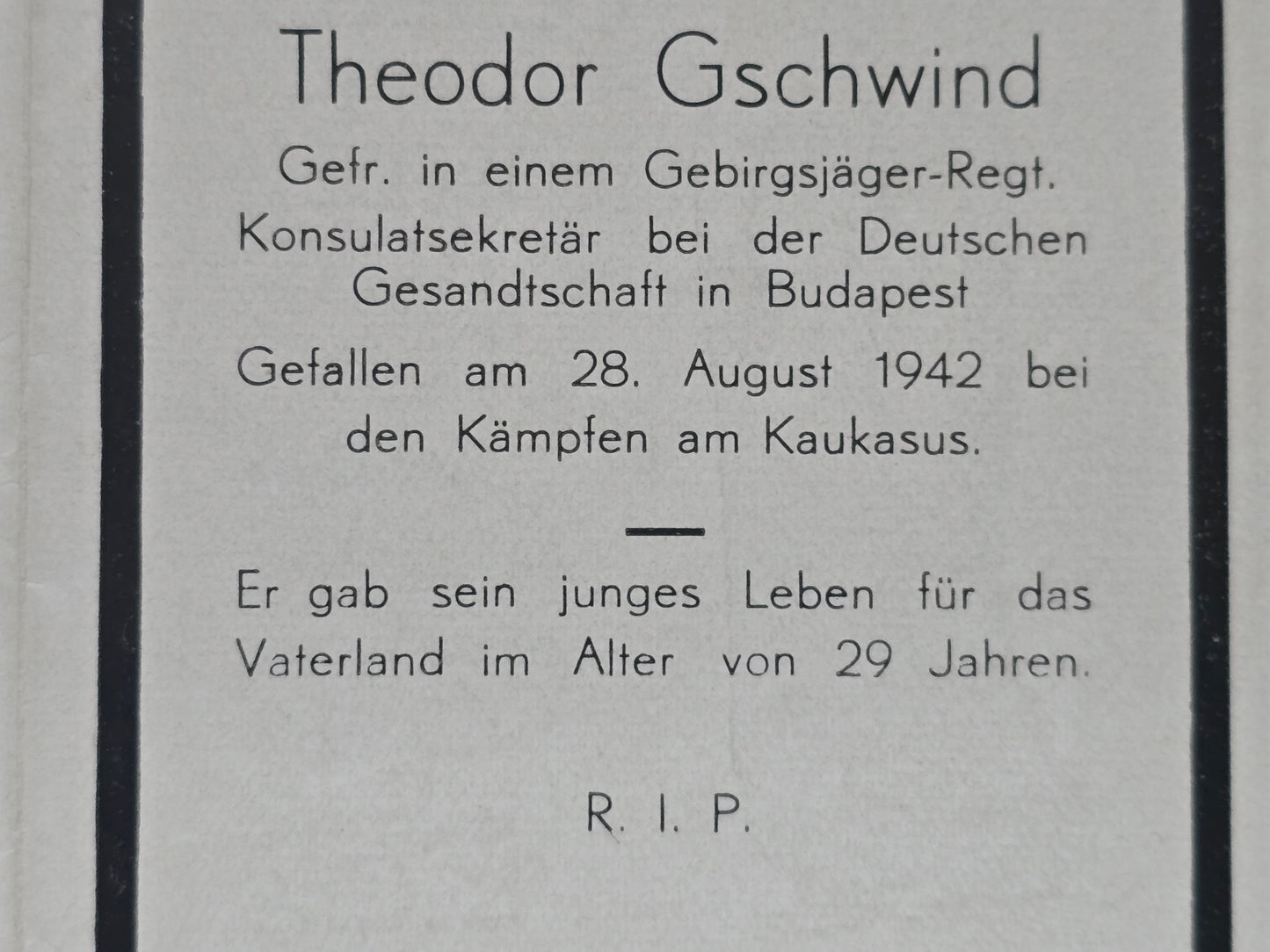 Sterbebild Gefreiter Dingolfing Diplomat Konsulatsekretär Budapest 1. Komp. Inf. Regt. 339 Kaukasus