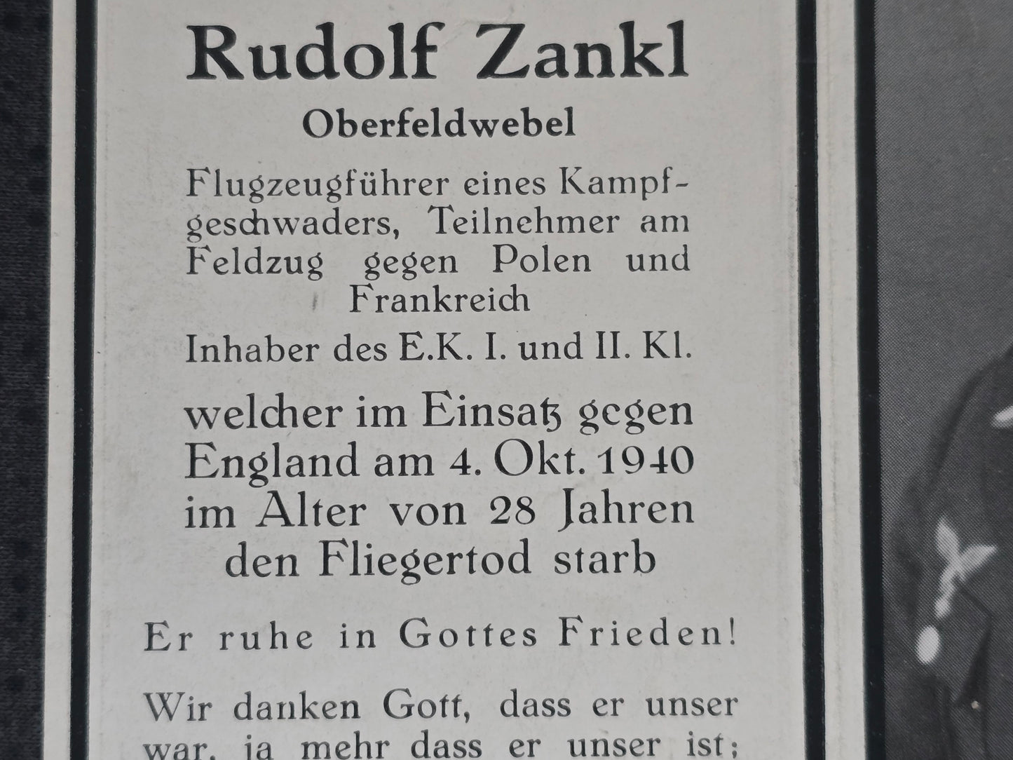 Sterbebild Oberfeldwebel Grafenau Pilot 7./KG-76 EK I&II Sport Abz. England Hénonville Champigny-St. André Frankreich