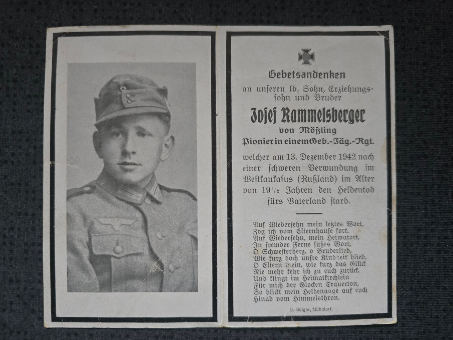 Sterbebild Pionier Mößling 10. Geb.-Jäger Regt. 207 Kaukasus Pschisch Russland