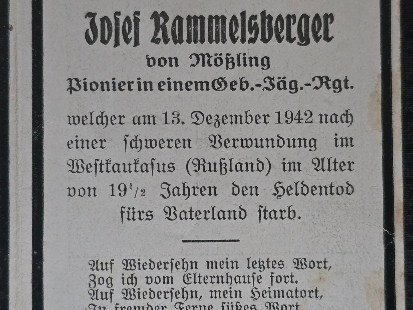 Sterbebild Pionier Mößling 10. Geb.-Jäger Regt. 207 Kaukasus Pschisch Russland