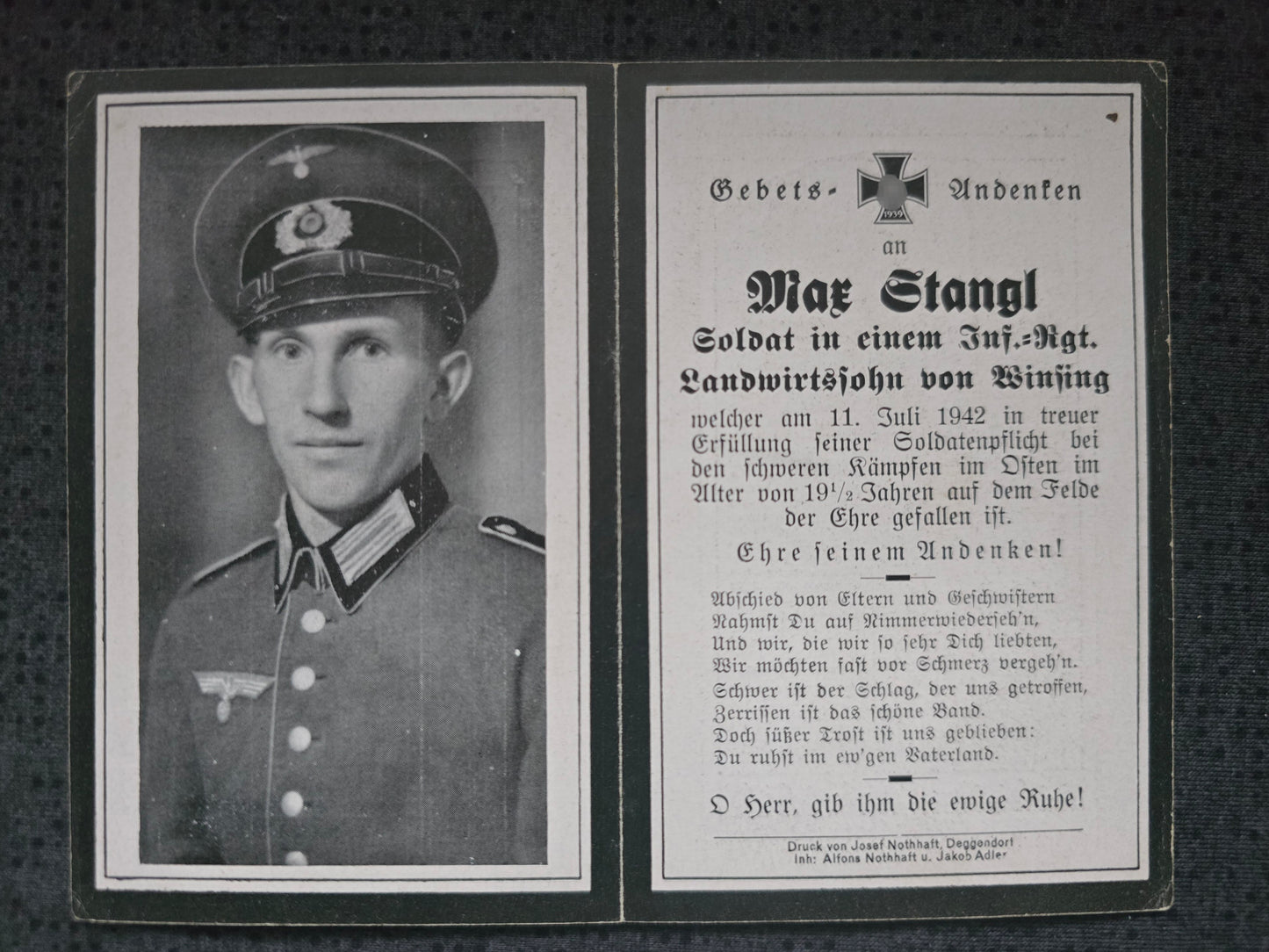 Sterbebild Schütze Winsing 4. Komp. Inf. Regt. 199 "List" Malyschewo Russland