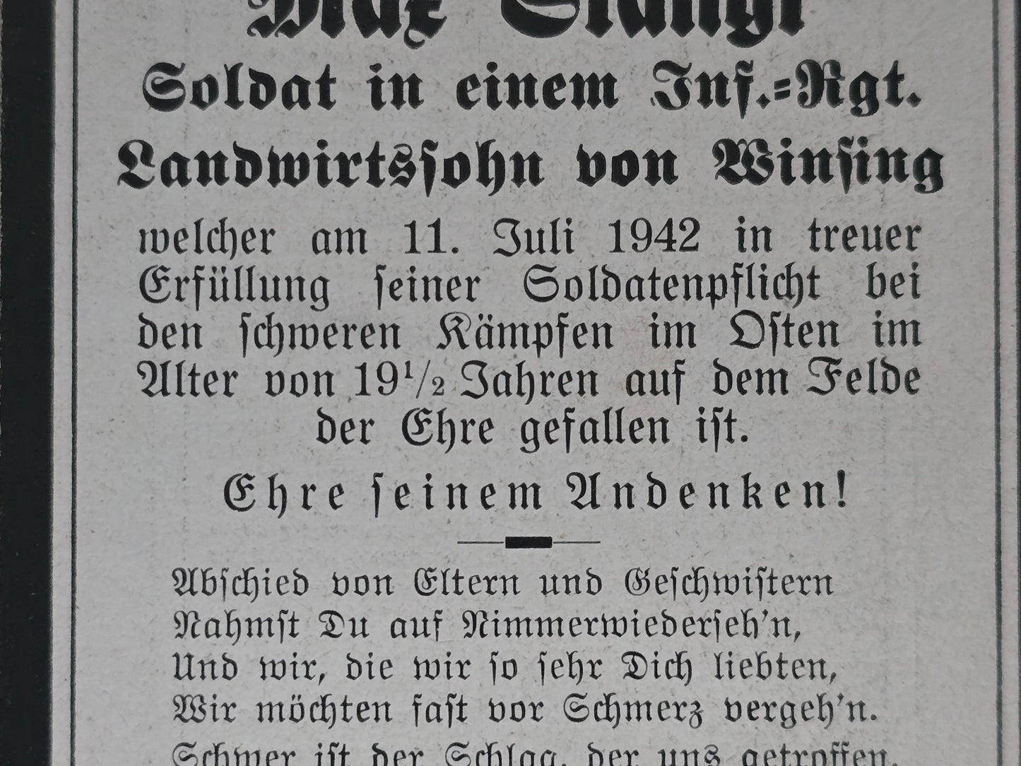 Sterbebild Schütze Winsing 4. Komp. Inf. Regt. 199 "List" Malyschewo Russland