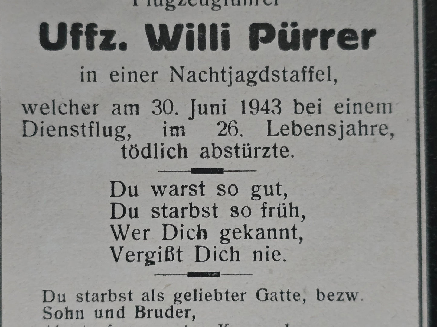 Sterbebild Unteroffizier Wiener Neustadt Pilot 5./NJG-3 Absturz Meggerdorf Schleswig Holstein