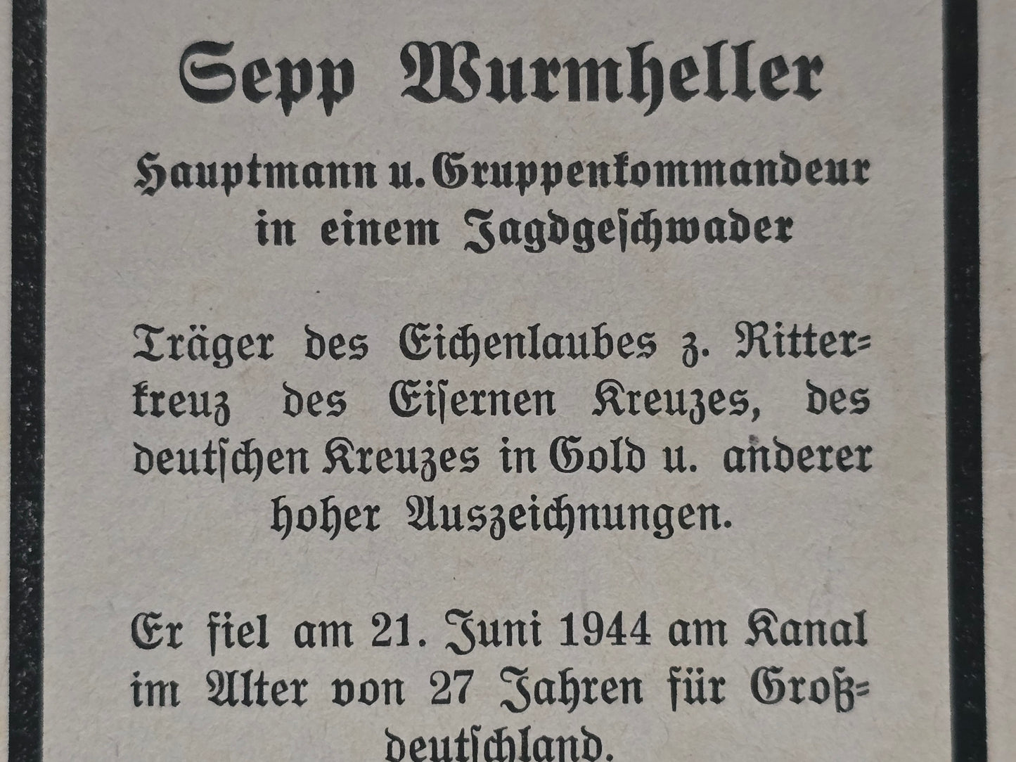 Sterbebild Hauptmann & Gruppenkommandeur Hausham 9./JG-2 "Richthofen" RK mit Eichenlaub DKiG Alencon Champigny-St. André Frankreich