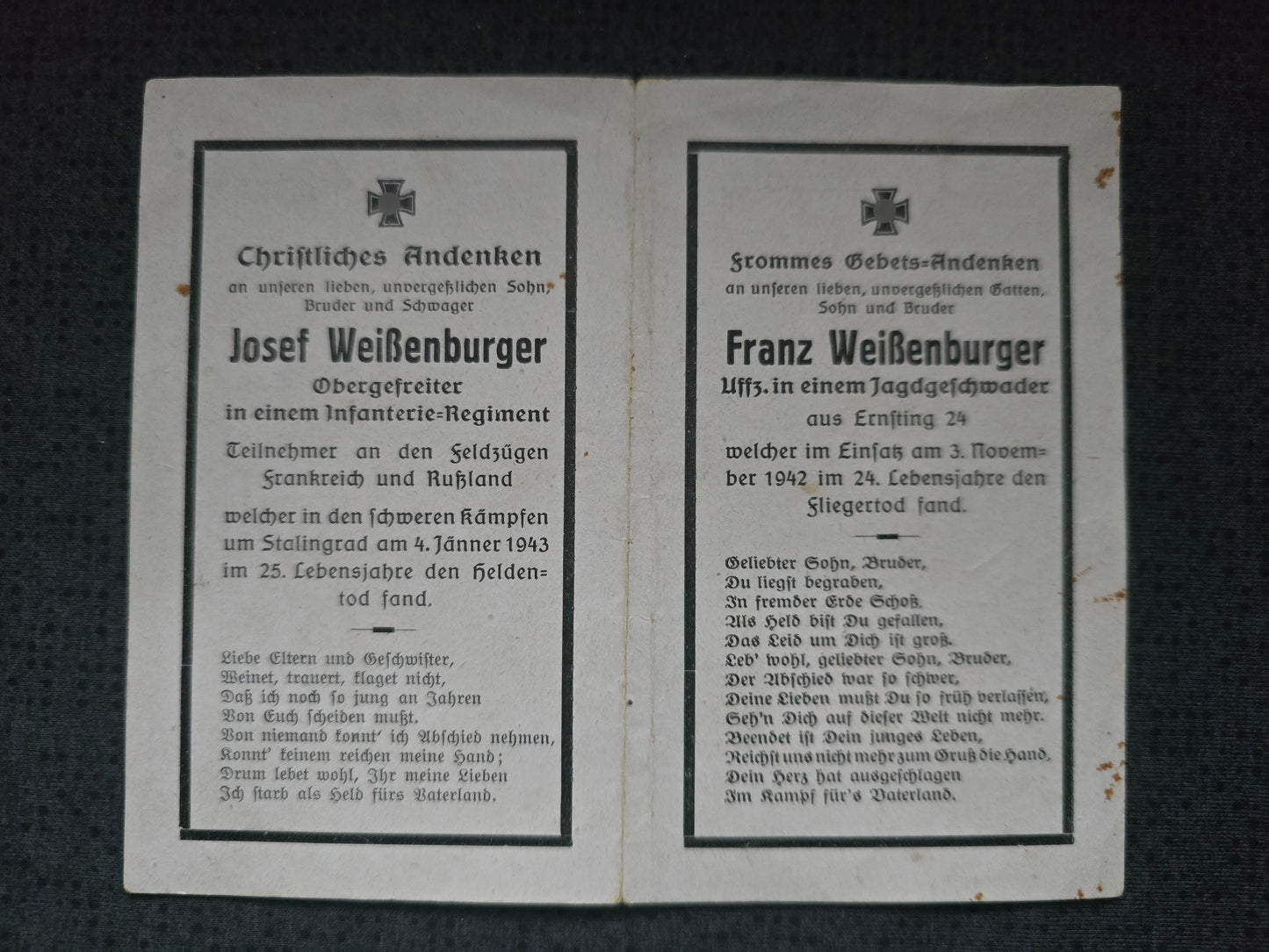 Sterbebild Brüder Franking Obergefreiter 3. Komp. Jäger Regt. 227 Stalingrad Unteroffizier 3./JFS-5 Normandie Champigny-St. André Frankreich