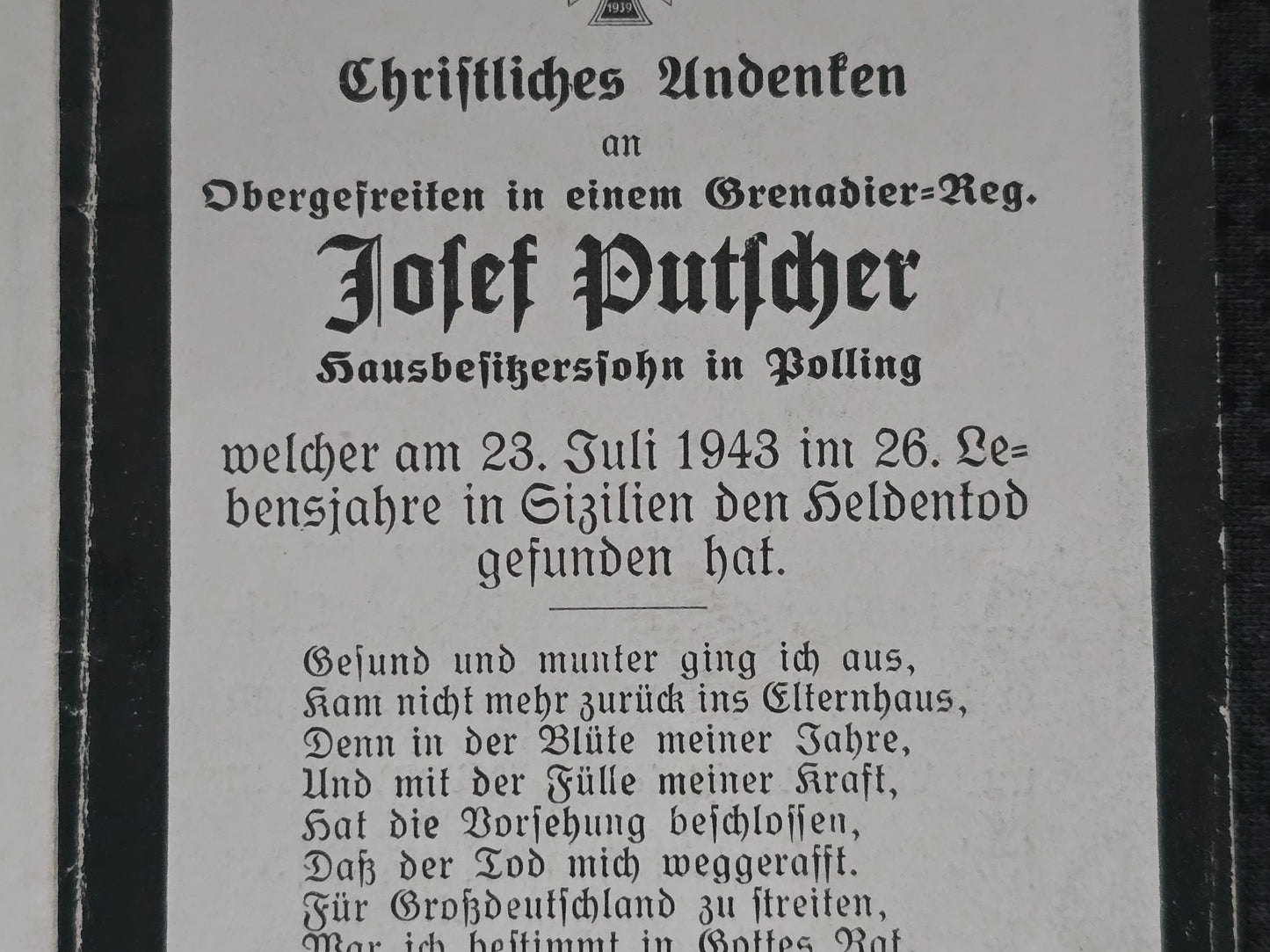 Sterbebild Obergefreiter Polling 5. Komp. Panzer Gren. Regt. 104 Nissoria Motta St. Anastasia Italien