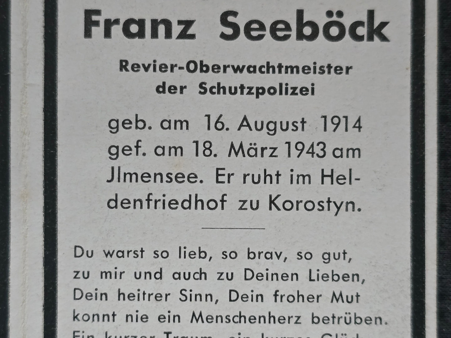 Sterbebild SS-Polizei-Zugwachtmeister Hengersberg SS-Polizei Regt. 17 Ilmensee Medwedno Russland