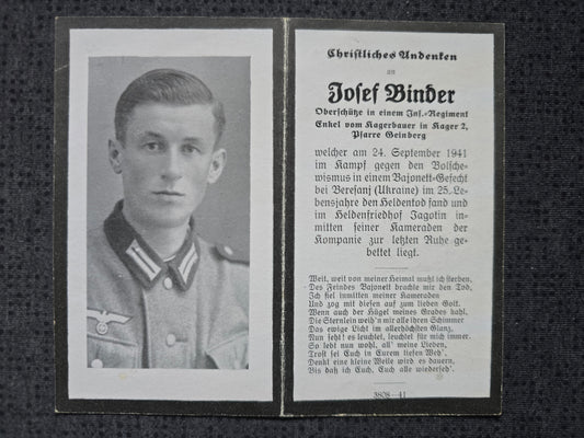 Sterbebild Oberschütze Geinberg 11. Komp. Inf. Regt. 133 Bajonett Gefecht Nahkampf Beresan Ukraine