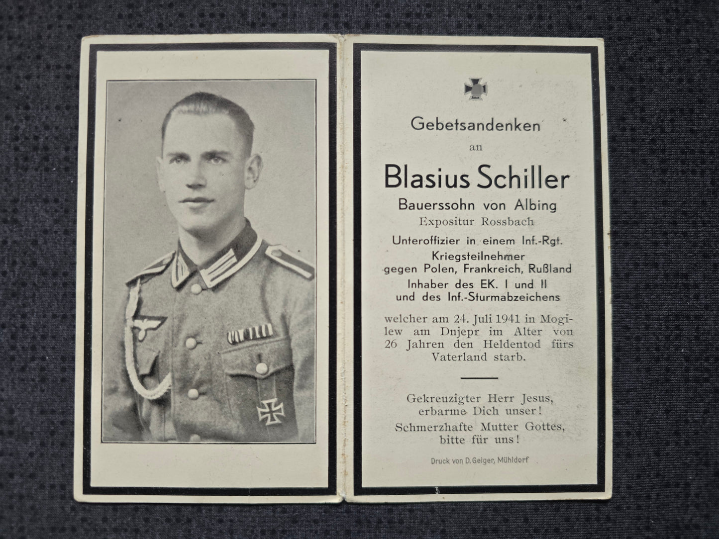 Sterbebild Unteroffizier Pürten 2. Inf. Regt. 61 EK I & II Schatkowo Weissrussland