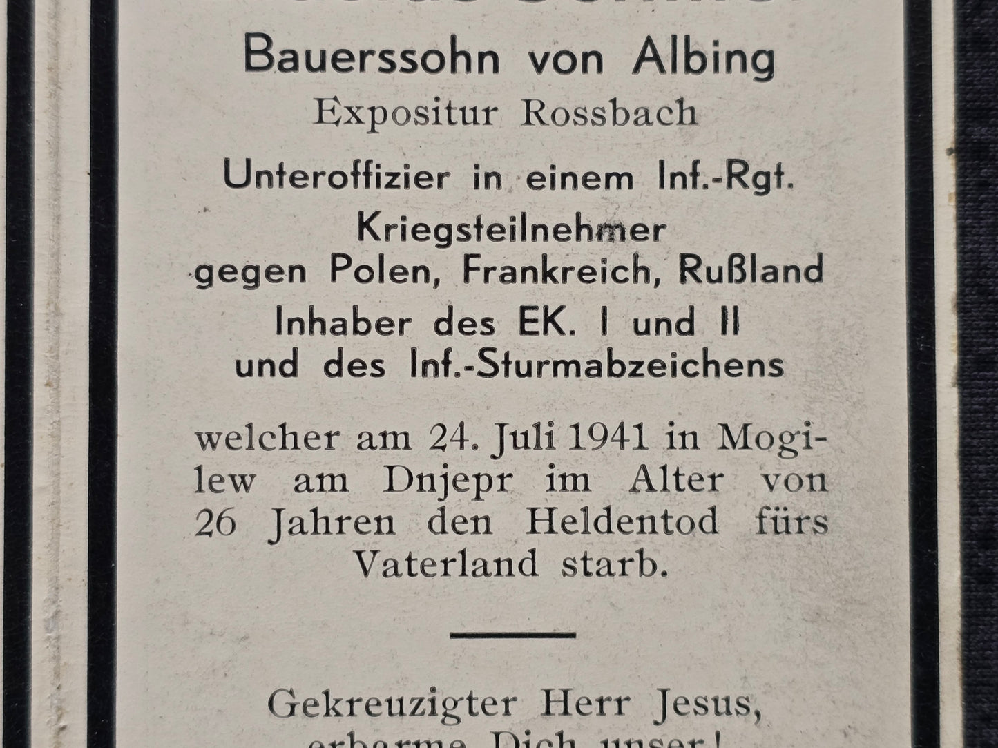 Sterbebild Unteroffizier Pürten 2. Inf. Regt. 61 EK I & II Schatkowo Weissrussland