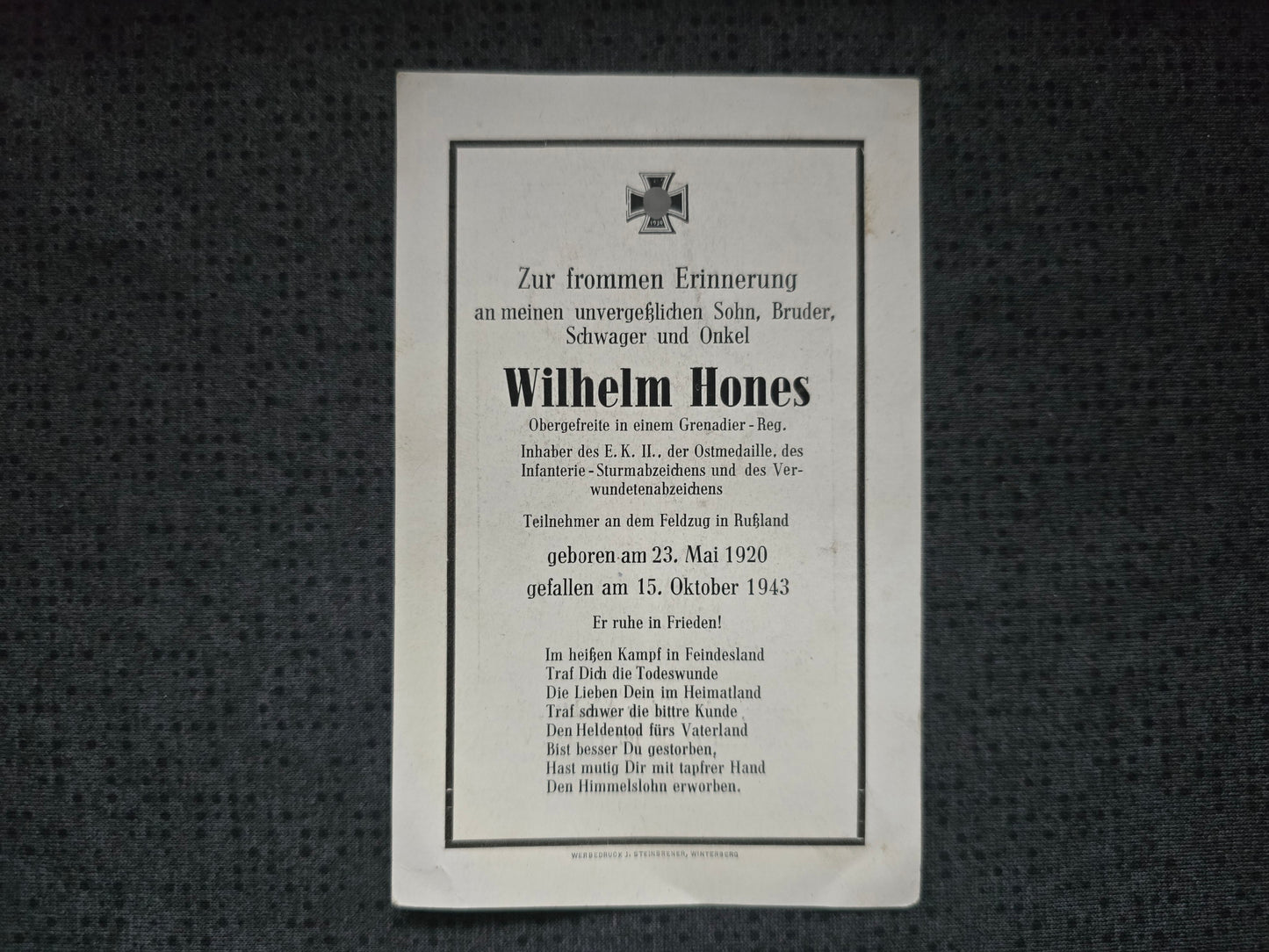 Sterbebild Obergefreiter Kaltenbach 2. Komp. Regt. Gruppe 261 Ponisowje Weissrussland