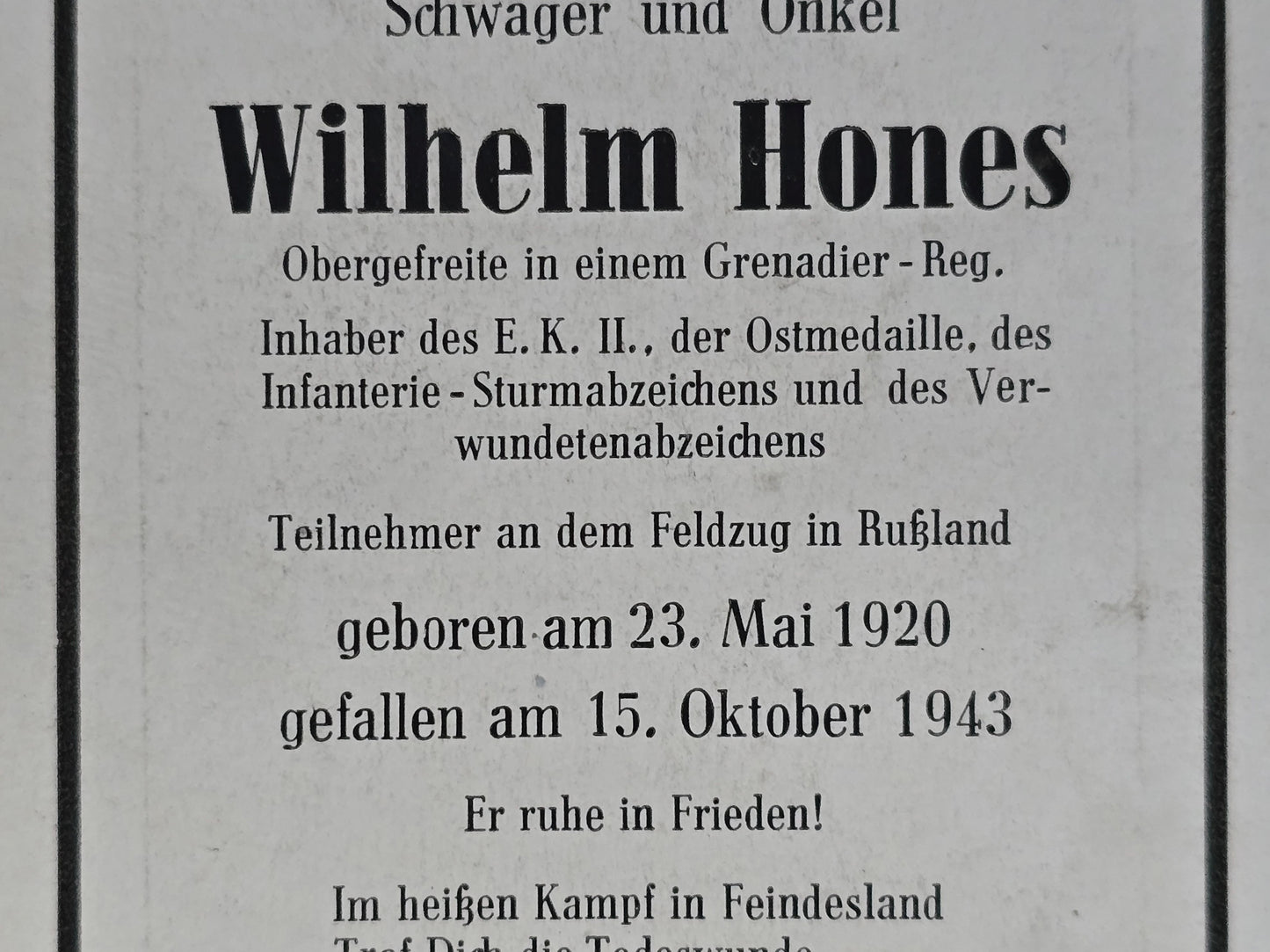 Sterbebild Obergefreiter Kaltenbach 2. Komp. Regt. Gruppe 261 Ponisowje Weissrussland