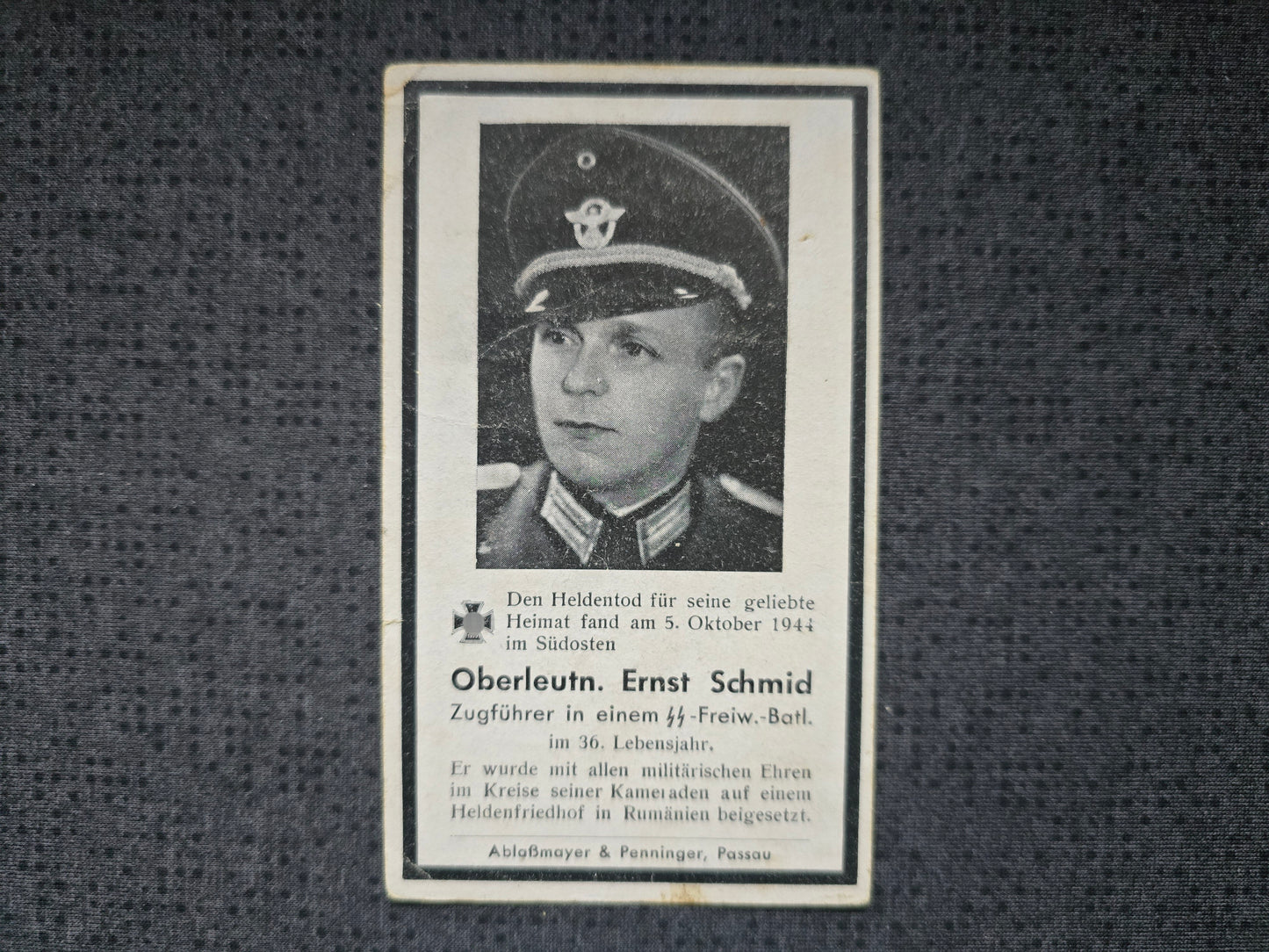 Sterbebild Oberleutnant Zugführer SS-Polizei Regt. 8 Teremia Mare Rumänien Südosten