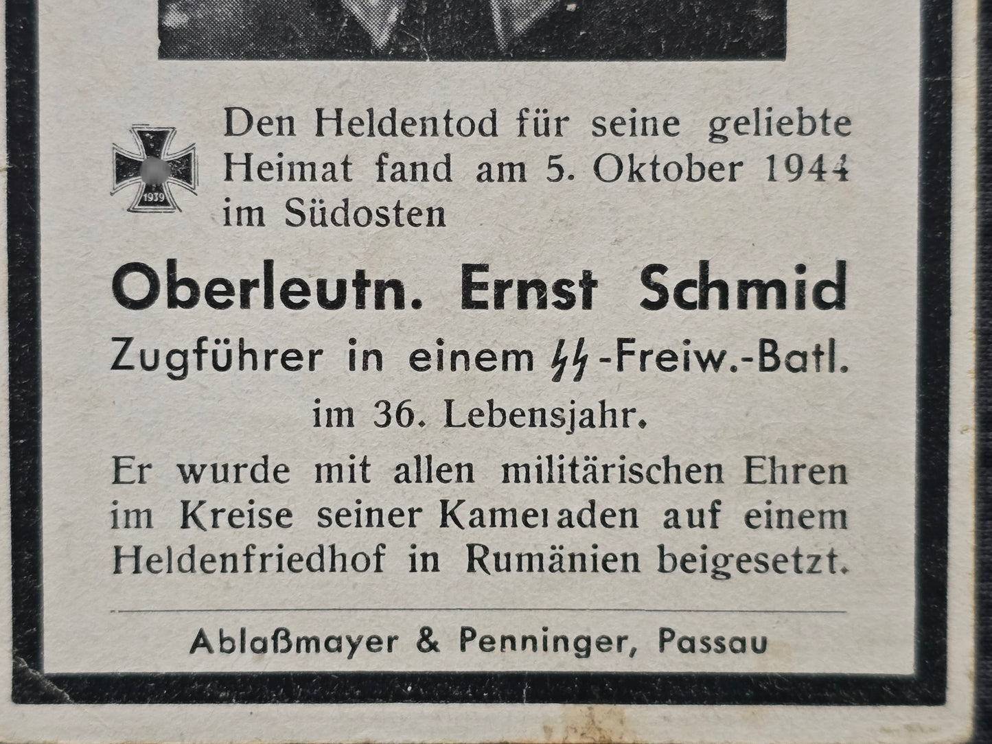 Sterbebild Oberleutnant Zugführer SS-Polizei Regt. 8 Teremia Mare Rumänien Südosten