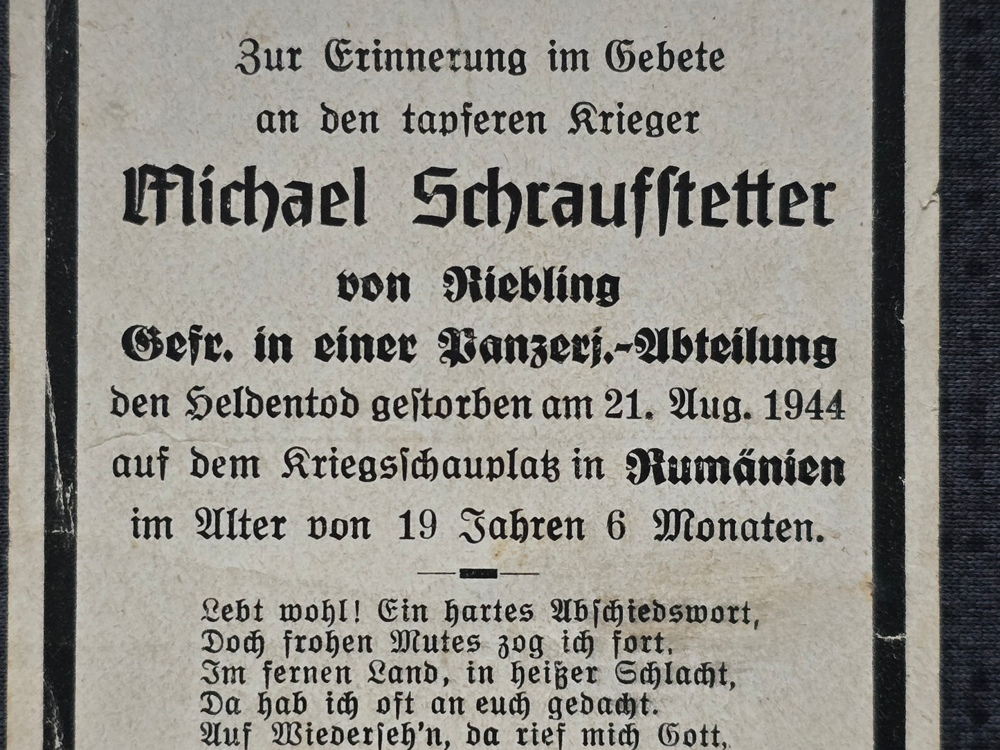 Sterbebild Gefreiter Riebling Panzerjäger Abt. Cornesti Iasi Rumänien