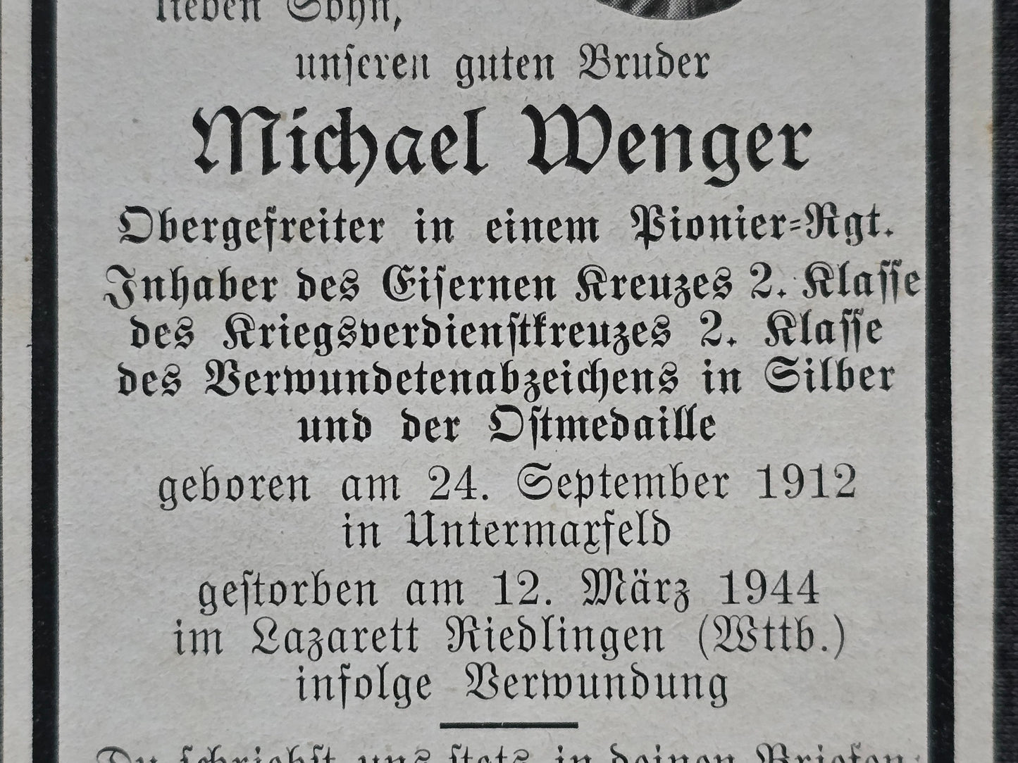 Sterbebild Obergefreiter Untermaxfeld Pionier Regt. Riedlingen