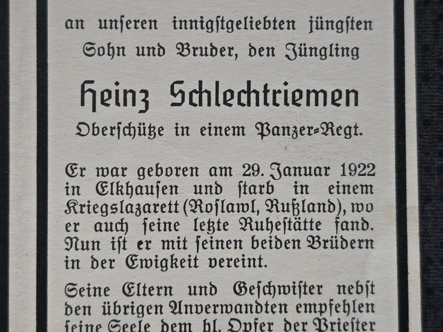 Sterbebild Oberschütze Elkhausen Nachrichten Zug Panzer Ers. Abt. 1 Roslawl Russland