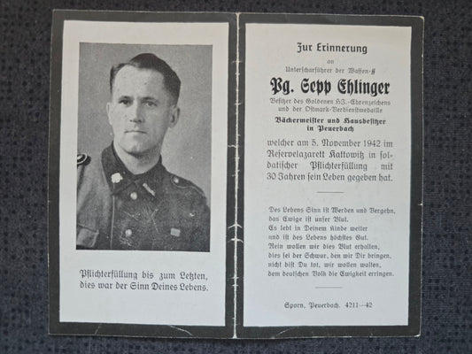 Sterbebild SS-Unterscharführer Peuerbach SS-Totenkopf Sturmbann KL Auschwitz Kattowitz Polen