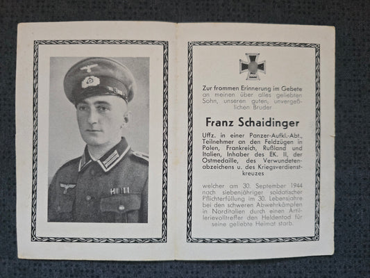 Sterbebild Unteroffizier Panzer-Aufklärungs-Abt. Artillerievolltreffer Futa-Pass Italien