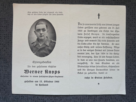 Sterbebild Oberfeldwebel Krefeld Fallschirmjäger Regt. Masseik Belgien Ysselsteyn Holland
