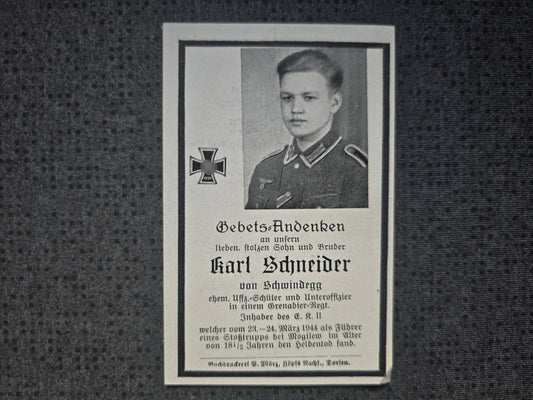 Sterbebild Unteroffizier Schwindegg Grenadier Regt. 18 Jahre Stoßtrupp Mogilew Weissrussland