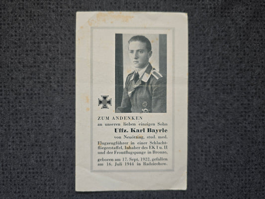 Sterbebild Unteroffizier Neuötting Pilot 10. Staffel Schlachtgeschwader 9 FFS Bronze Radziechow Polen