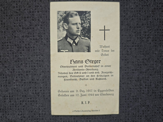 Sterbebild Oberleutnant Eggenfelden Batteriechef Artillerie Regt.  EK I&II Cherbourg Normandie Frankreich