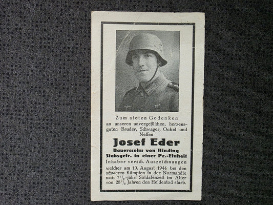 Sterbebild Stabsgefreiter Hinding Panzer-Einheit Souge Normandie Marigny Frankreich