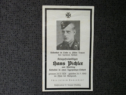 Sterbebild Gefreiter Plattling schwere Tiger-Panzer Einheit 503 Bjelgorod Russland