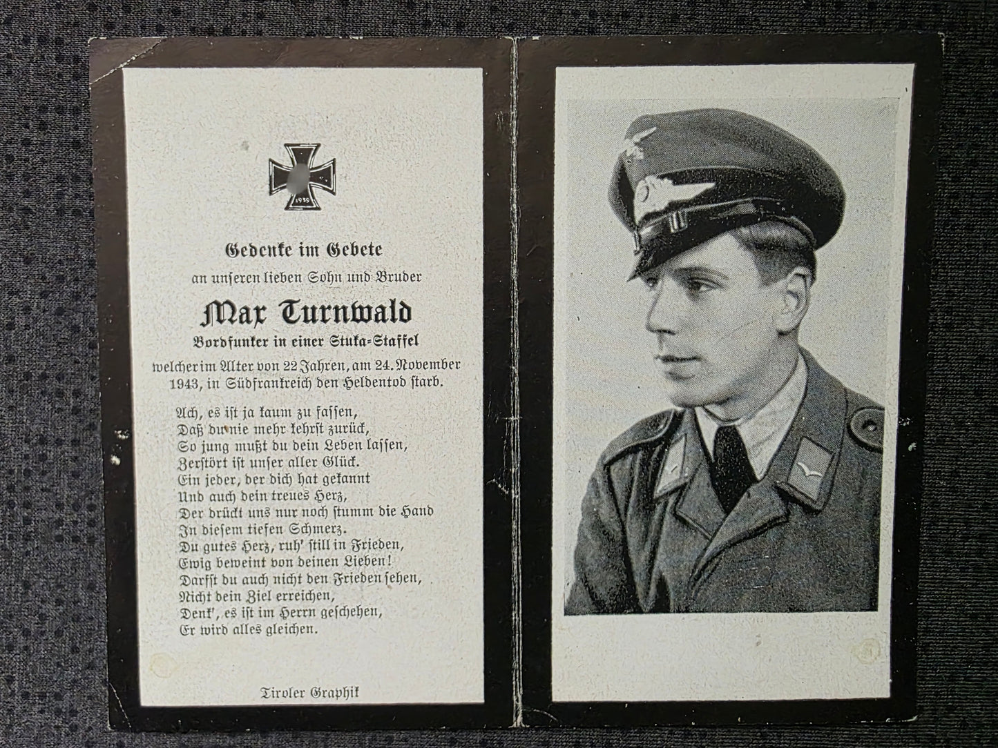 Sterbebild Gefreiter Lermoos Bordfunker Stuka-Geschwader Draguignan Dagneux Frankreich
