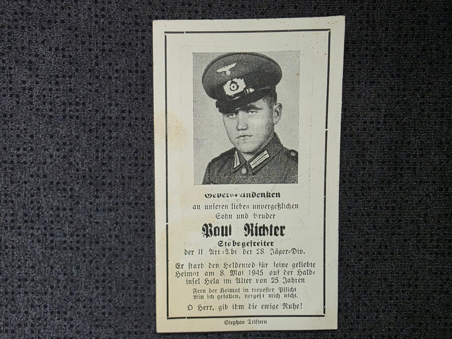 Sterbebild Stabsgefreiter Bischdorf II. Art. Abt. 28. Jäger-Division Letzter Tag 08.05.1945 Halbinsel Hela Polen