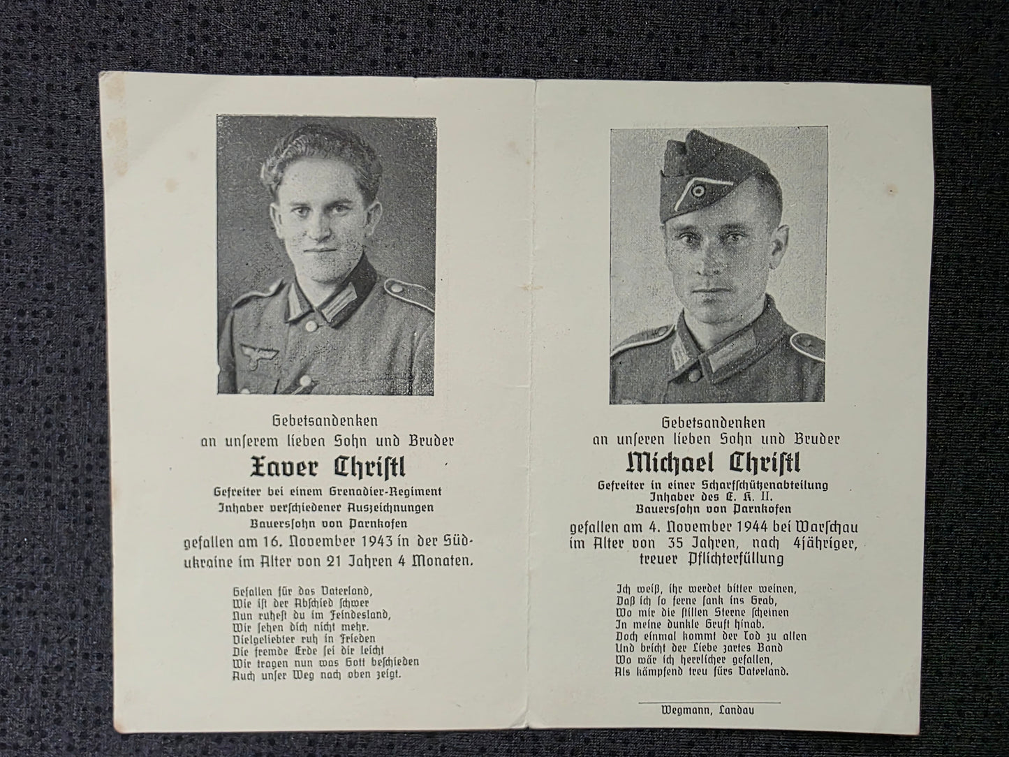 Sterbebild Brüder Parnkofen Gefreiter Gren. Regt. Rumänien Scharfschütze Warschau Polen