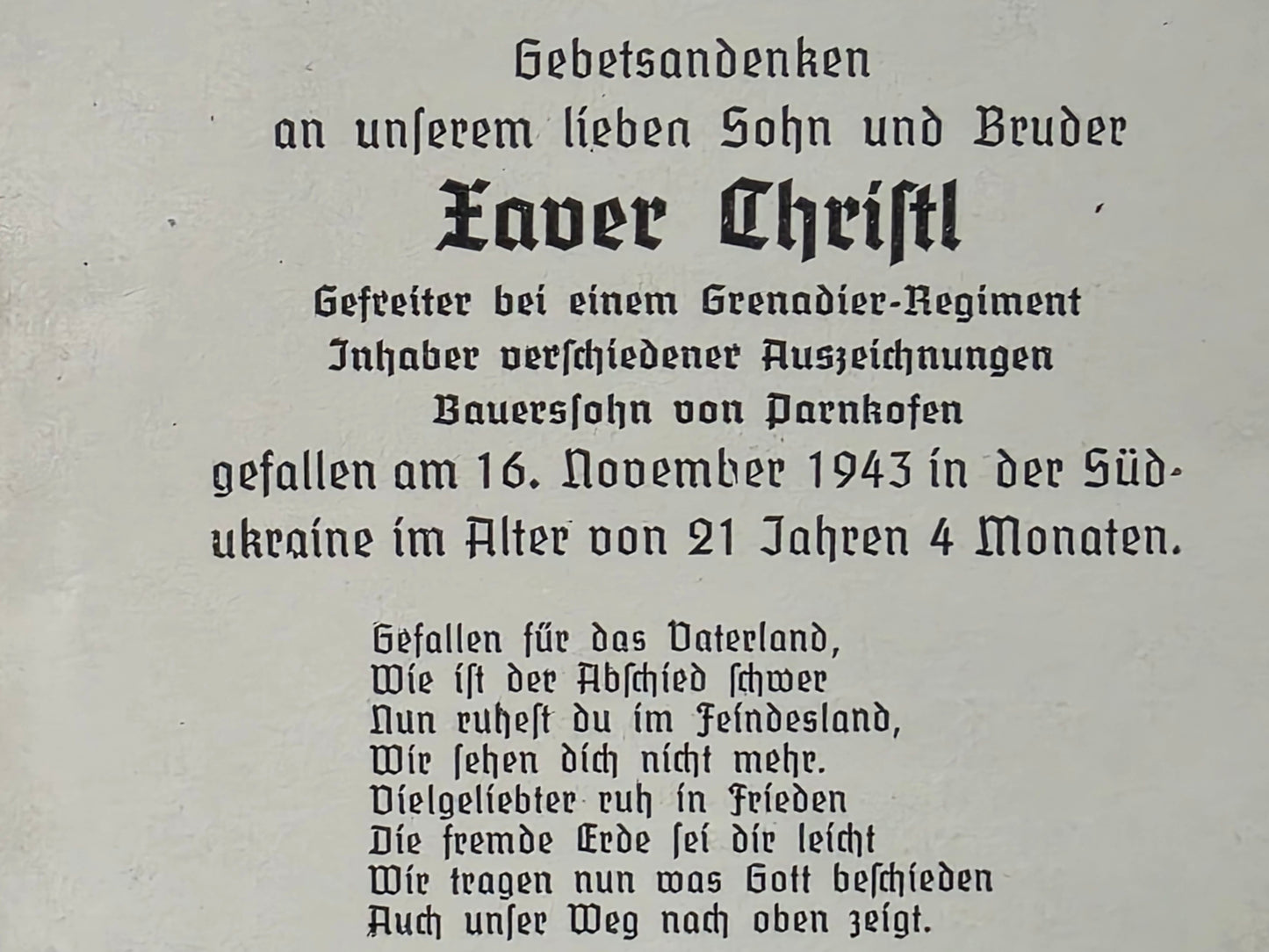 Sterbebild Brüder Parnkofen Gefreiter Gren. Regt. Rumänien Scharfschütze Warschau Polen