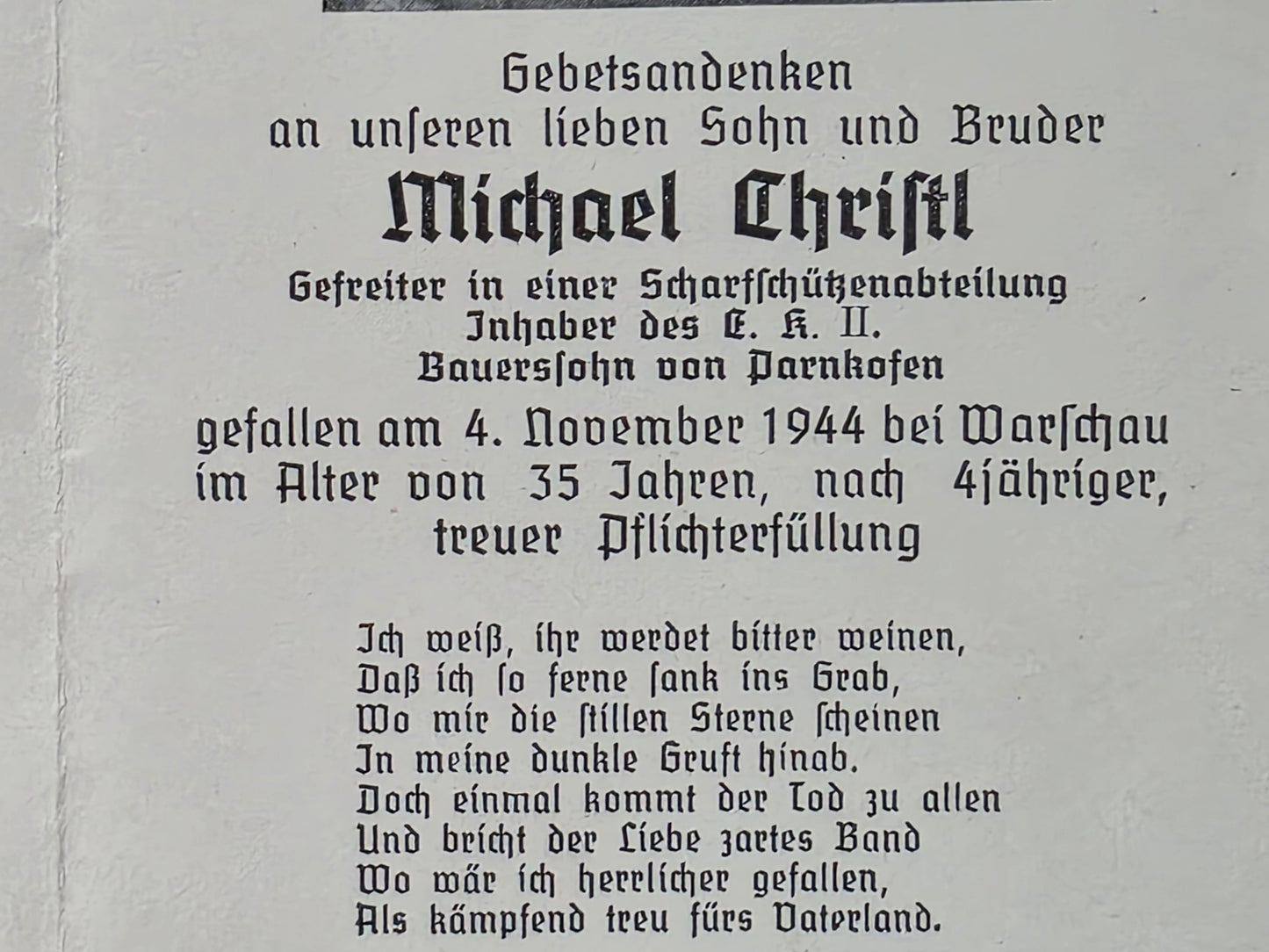 Sterbebild Brüder Parnkofen Gefreiter Gren. Regt. Rumänien Scharfschütze Warschau Polen