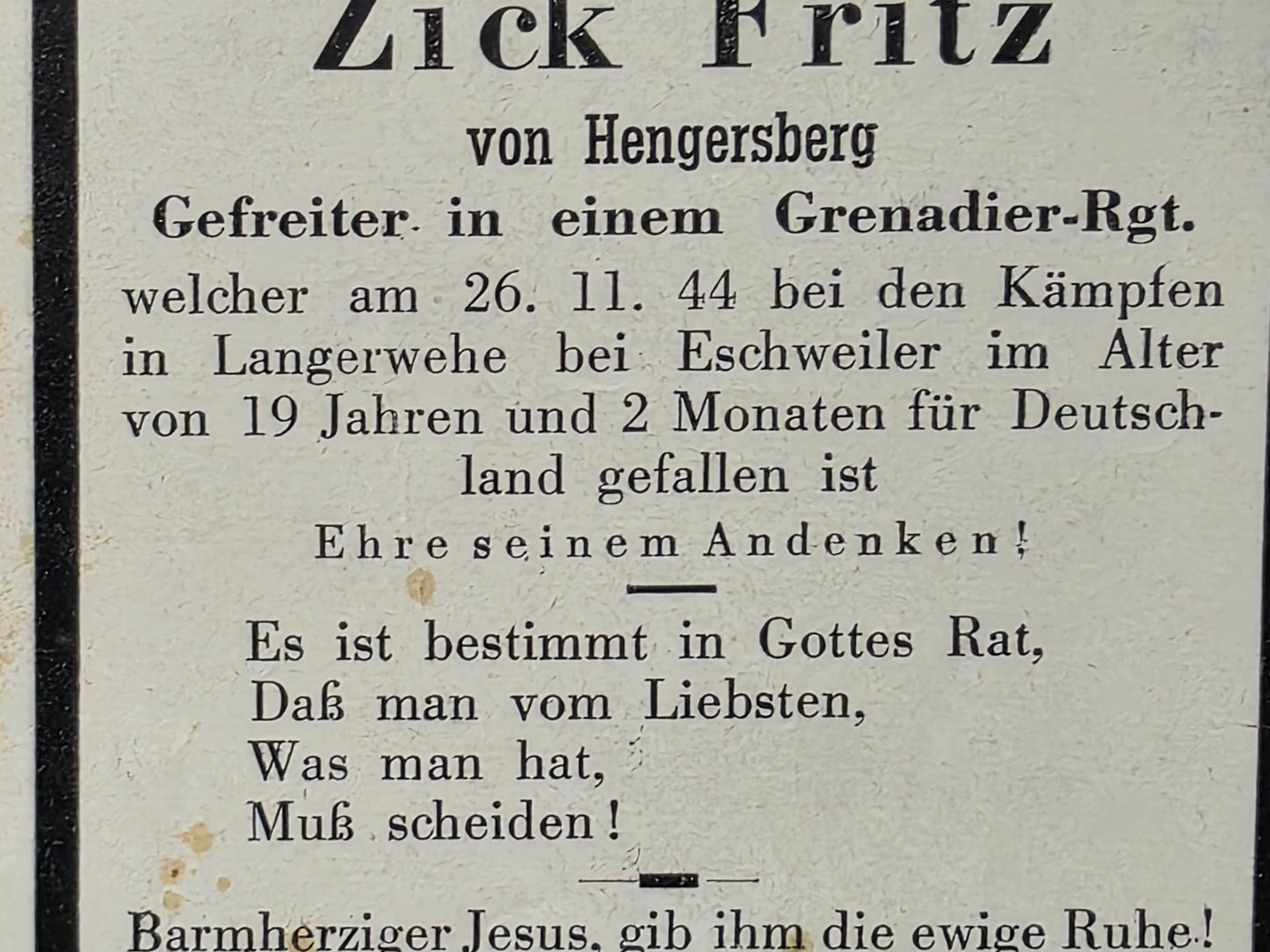 Sterbebild Gefreiter Hengersberg Grenadier Regt. Eschweiler Aachen