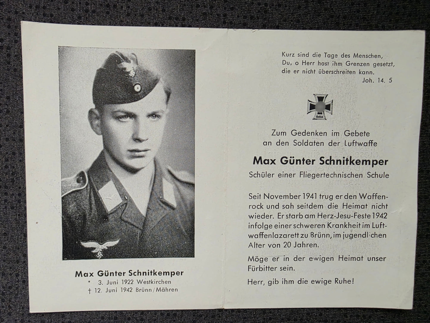 Sterbebild Flieger Westkirchen 7. Fliegerschule 5 Wischau Luftwaffenlazarett Brünn/Mähren