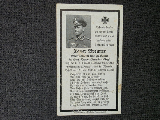 Sterbebild Oberfeldwebel & Zugführer Oberrohr 6. Komp. Pz.-Gren. Regt. 67 Salerno Italien