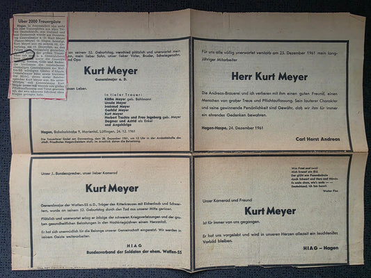 Todesanzeigen (Zeitung) Kurt Meyer "Panzermeyer" SS-Generalmajor RK-Träger mit Eichenlaub HIAG