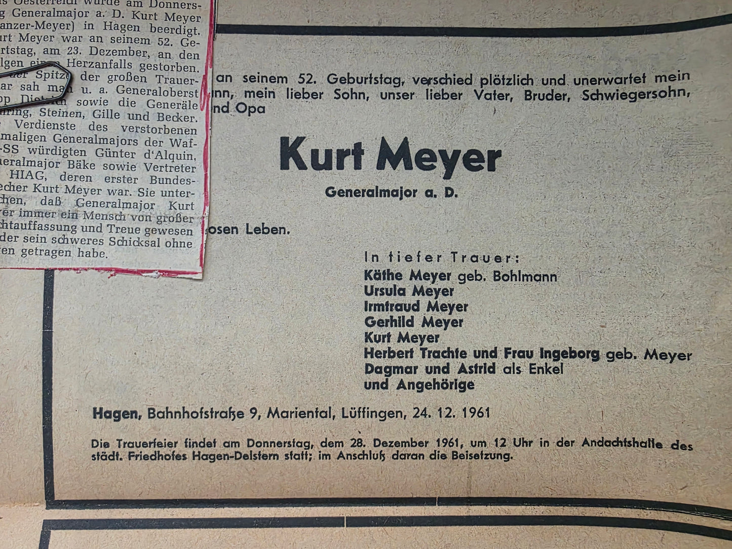Todesanzeigen (Zeitung) Kurt Meyer "Panzermeyer" SS-Generalmajor RK-Träger mit Eichenlaub HIAG
