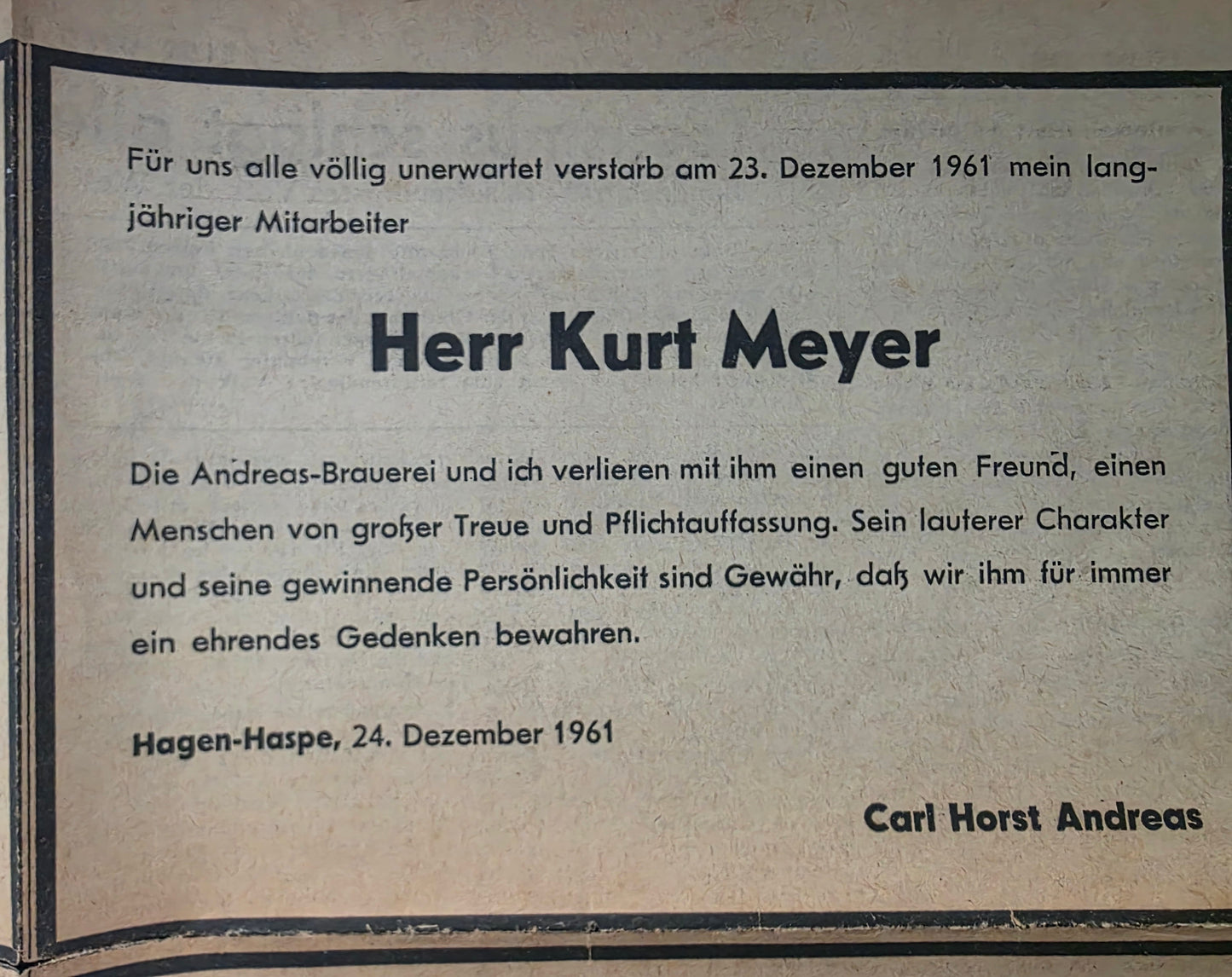 Todesanzeigen (Zeitung) Kurt Meyer "Panzermeyer" SS-Generalmajor RK-Träger mit Eichenlaub HIAG