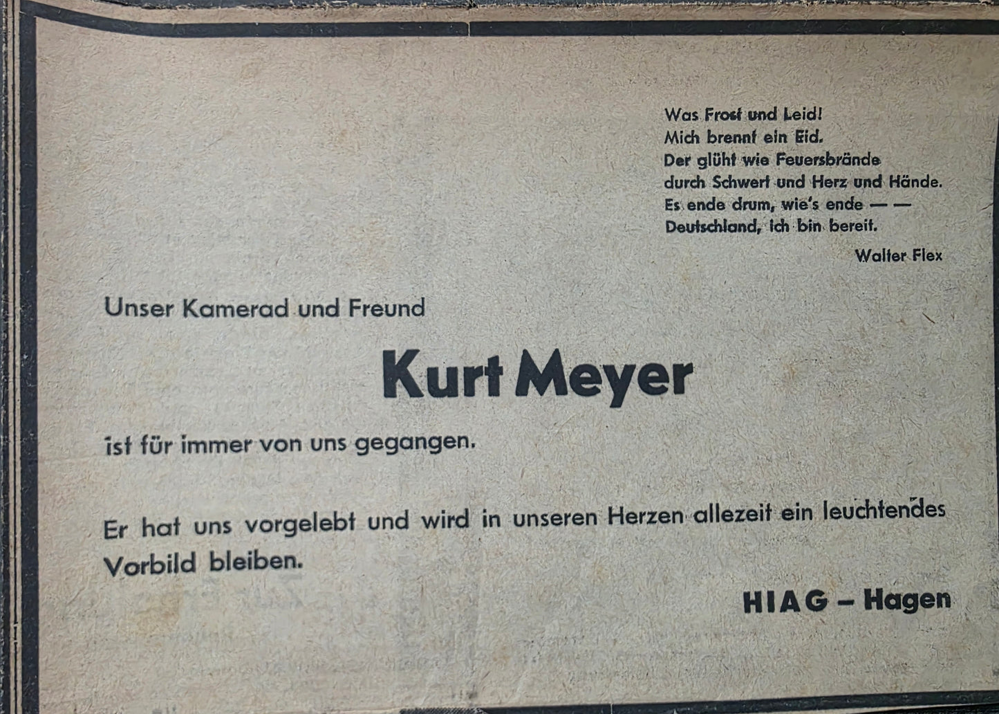 Todesanzeigen (Zeitung) Kurt Meyer "Panzermeyer" SS-Generalmajor RK-Träger mit Eichenlaub HIAG