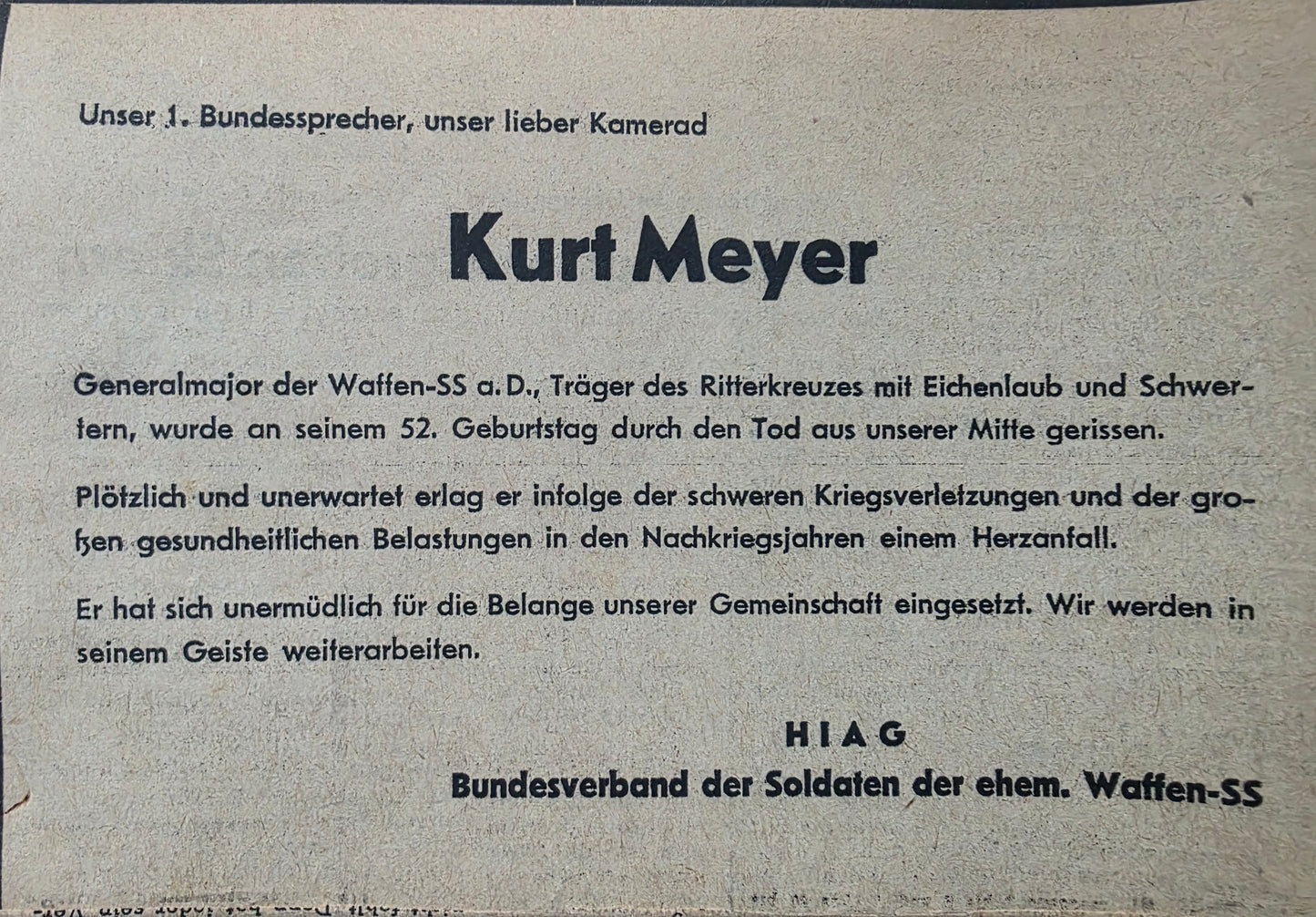 Todesanzeigen (Zeitung) Kurt Meyer "Panzermeyer" SS-Generalmajor RK-Träger mit Eichenlaub HIAG