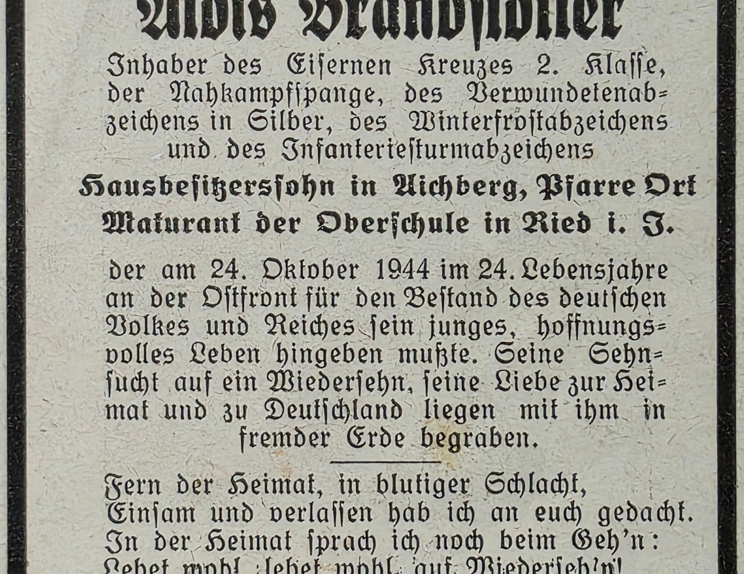 Sterbebild Obergefreiter Aichberg Grenadier Regt. NKS Kállósemjén Ungarn
