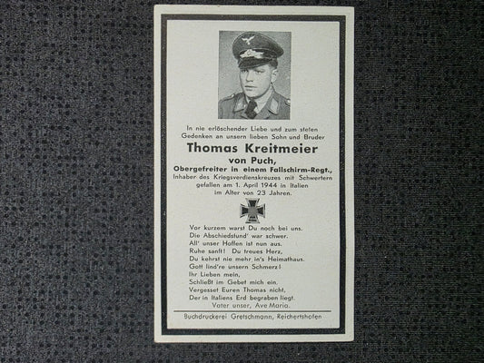Sterbebild Obergefreiter Puch 10. Komp. Fallschirmjäger Regt. 11 Landekopf Nettuno Italien