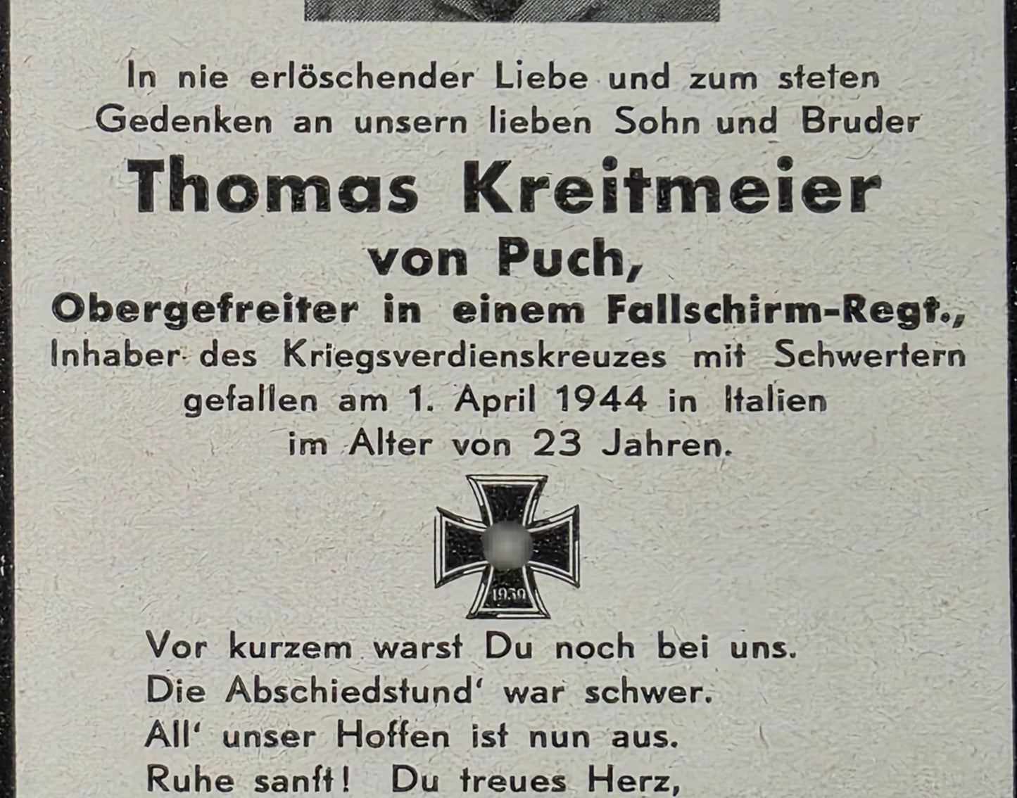 Sterbebild Obergefreiter Puch 10. Komp. Fallschirmjäger Regt. 11 Landekopf Nettuno Italien