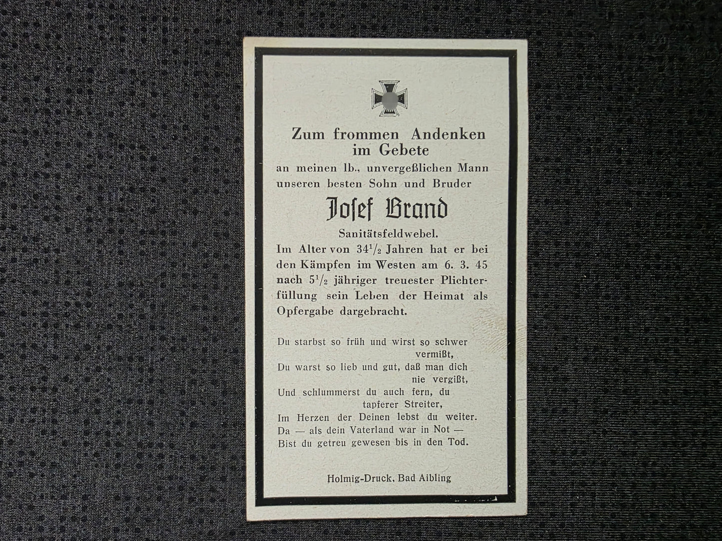 Sterbebild Feldwebel Rosenheim Endkampf Westen Bad Nauheim Frankfurt